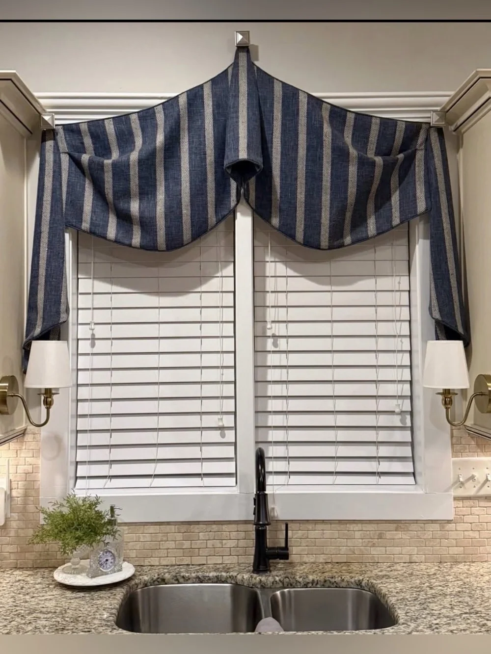 Blue and Cream Striped tweed Window Valance with metal knobs for hanging. - Home